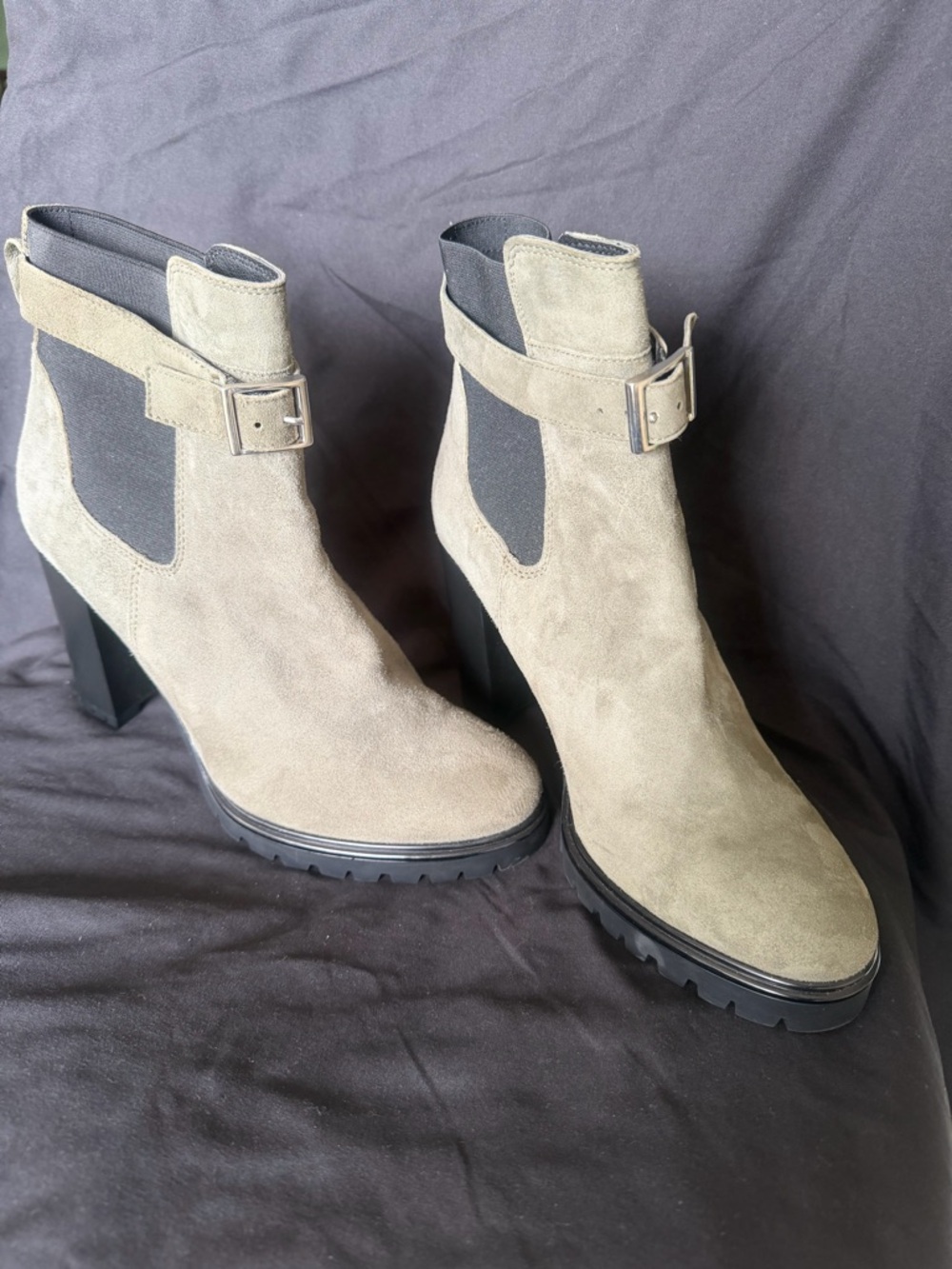 Barneys New York Taupe Suede Buckle Chelsea Ankle Boots